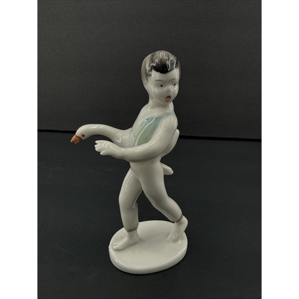 Vintage Hallohaiza Hungarian Porcelain Boy With Goose Figurine